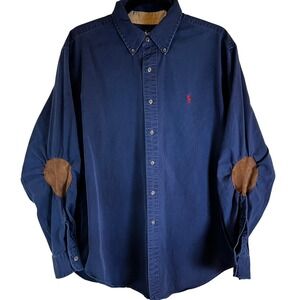 Polo Ralph Lauren Mens Navy Blue Cotton Twill Elbow Patch Button Down Shirt XL